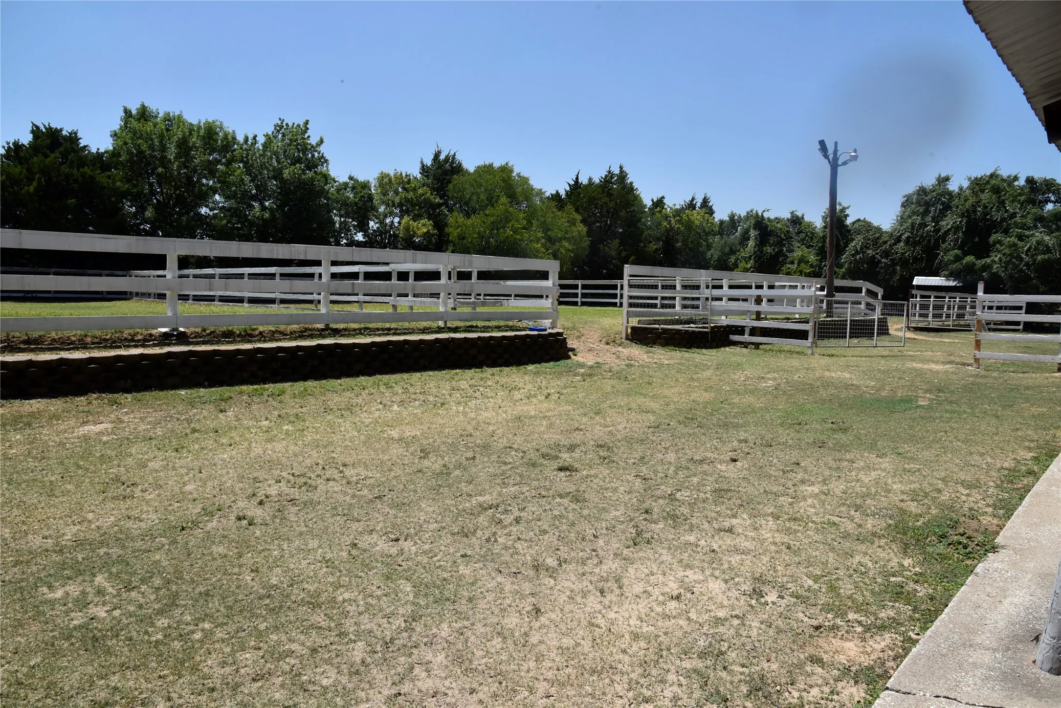 Expansive outdoor area featuring white post-and-rail fencing, a central round pen, and additional fenced enclosures, all set against a backdrop of mature trees