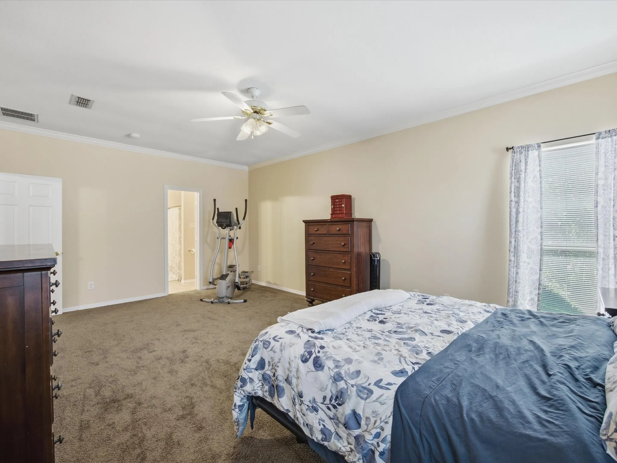 Spacious Primary Bedroom featuring carpeting, ceiling fan, crown molding, and a window with blinds