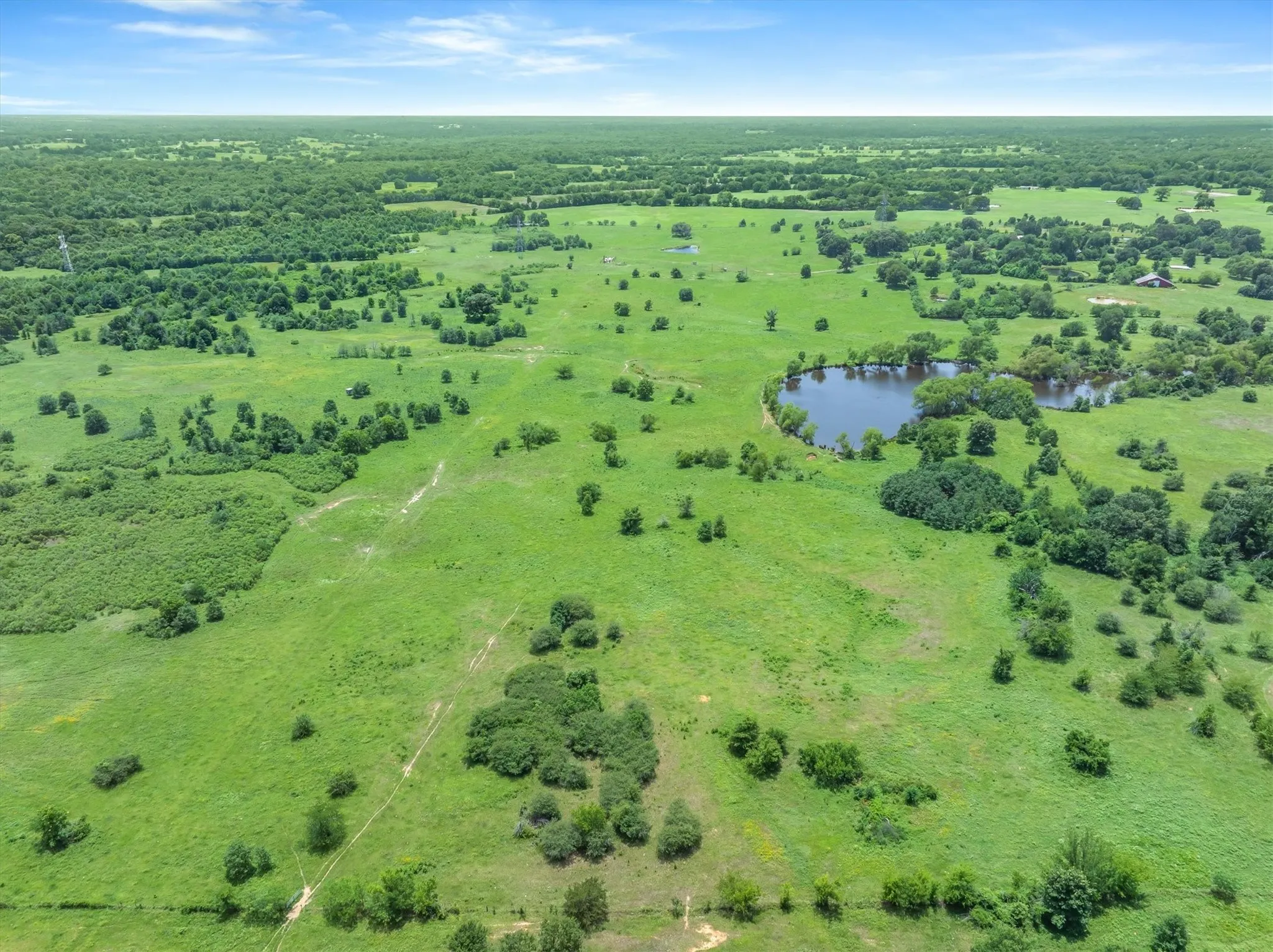 Expansive green landscape featuring a prominent pond with surrounding trees, additional scattered trees across the terrain, and open grassy areas