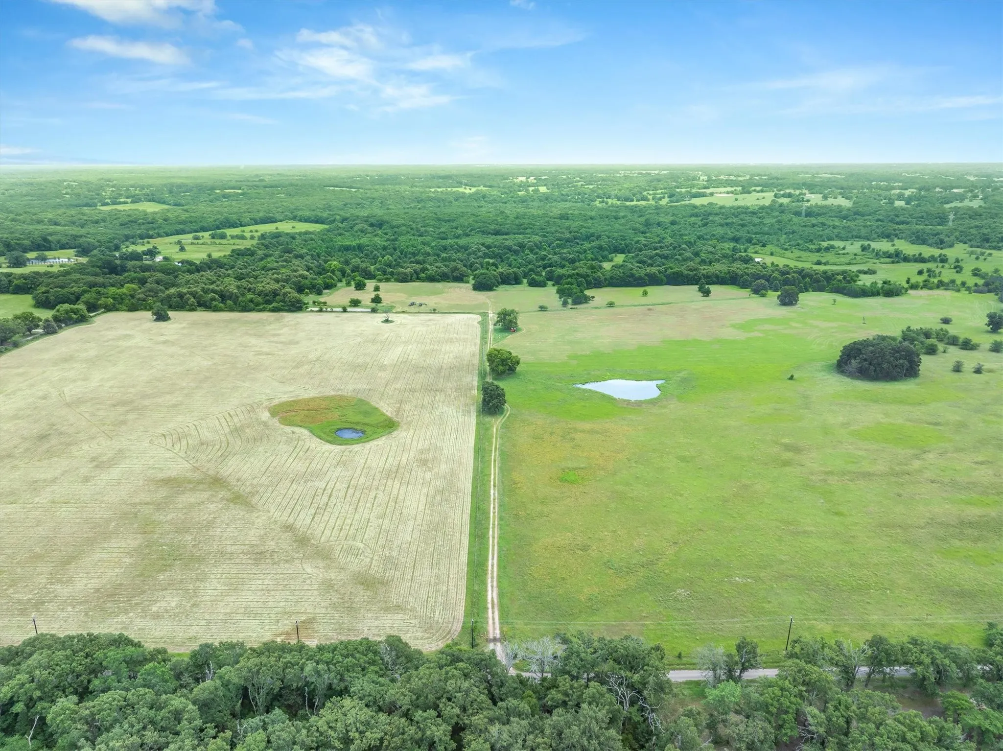 Expansive acreage featuring a central unpaved road, multiple fields, and two visible ponds