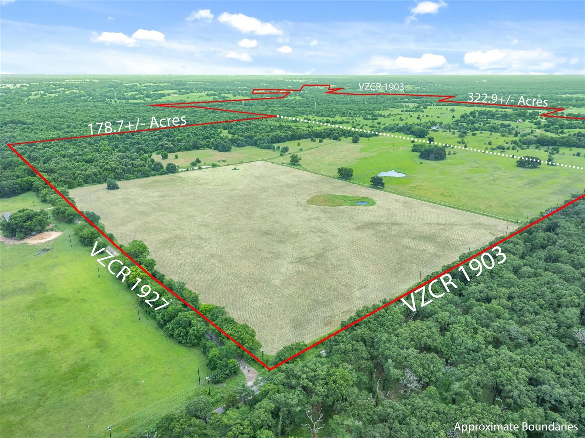 Expansive acreage featuring approximately 178.7 acres of cleared land bordered by dense woodland