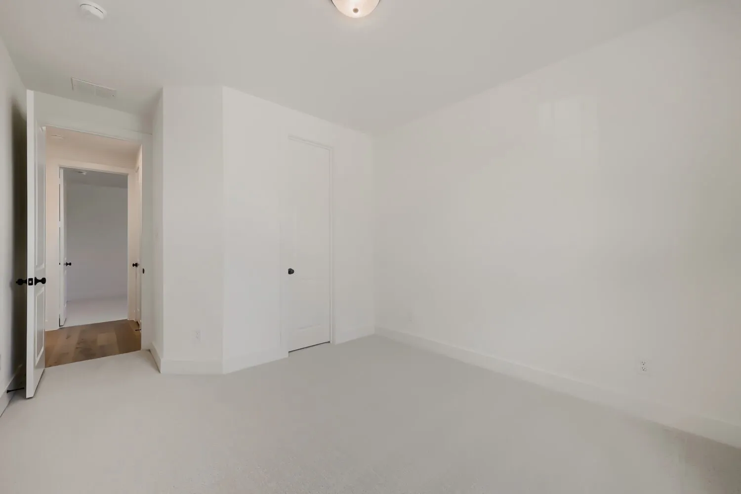 Neutral tone carpeting throughout with white baseboards and walls
