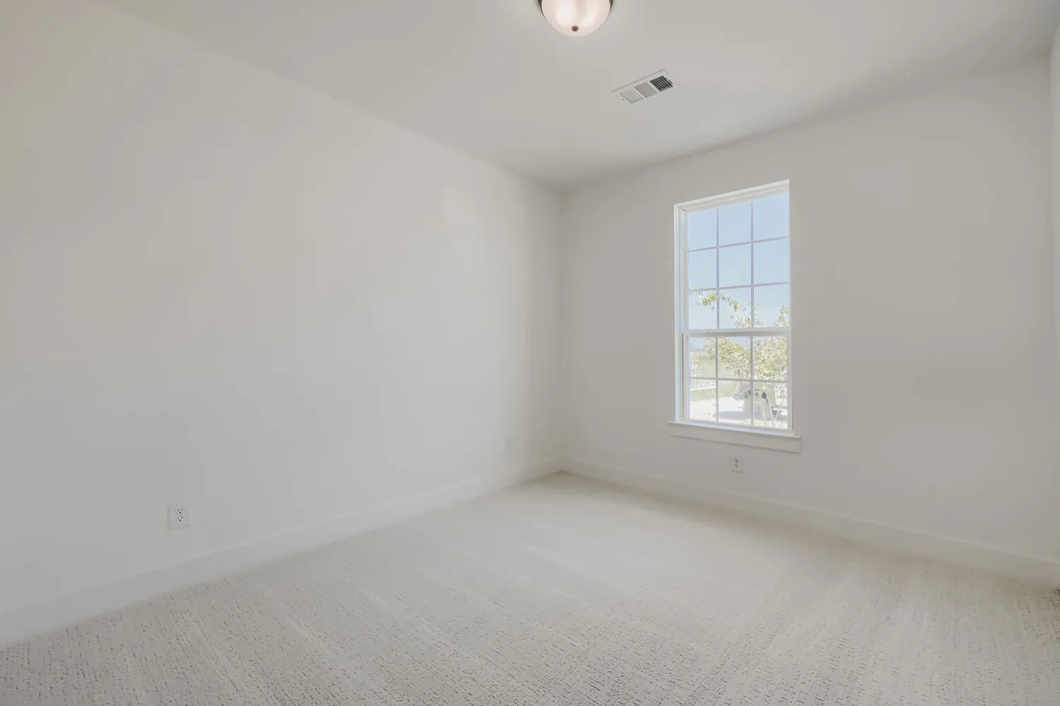 Carpeted room with a multi-pane window, white baseboards, and a flush mount ceiling light fixture