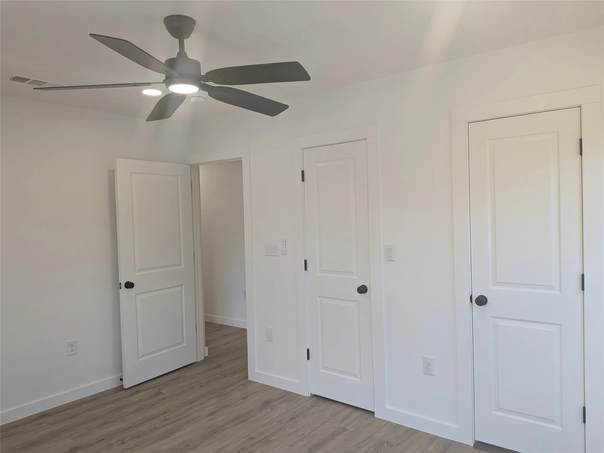 Neutral wall paint, wood-finish flooring, ceiling fan with integrated lighting, two-panel interior doors, and matte black door hardware