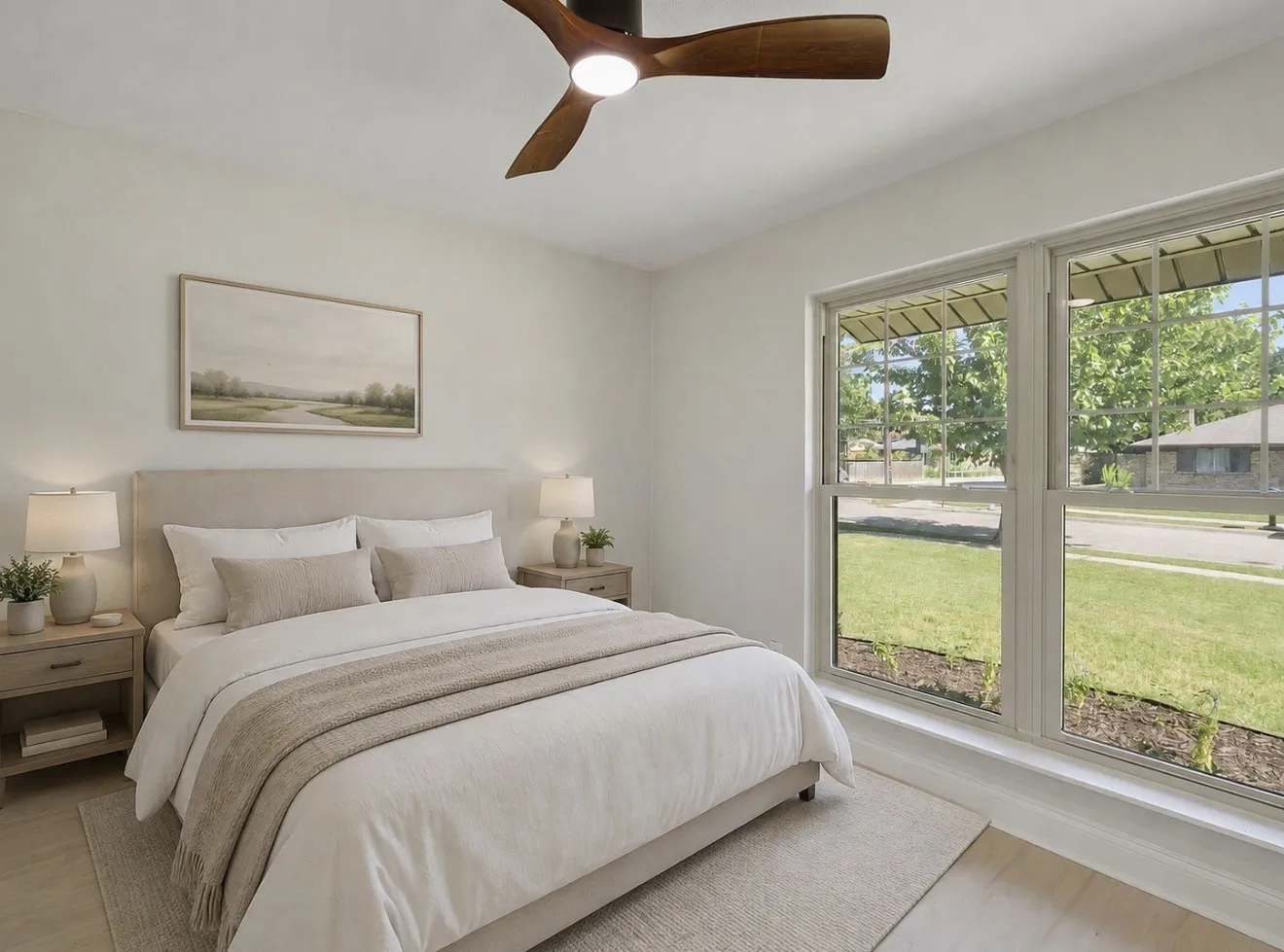 Wood-finish flooring, large windows, and a ceiling fan with integrated lighting