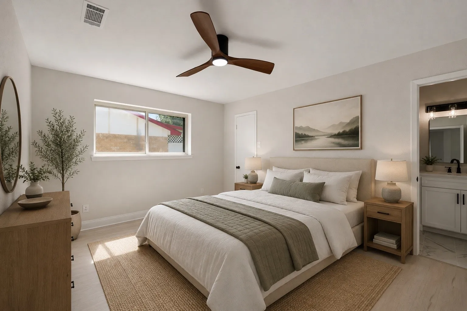 Recessed lighting, wood-finish ceiling fan, wood-finish flooring, white walls, and a separate bathroom entry