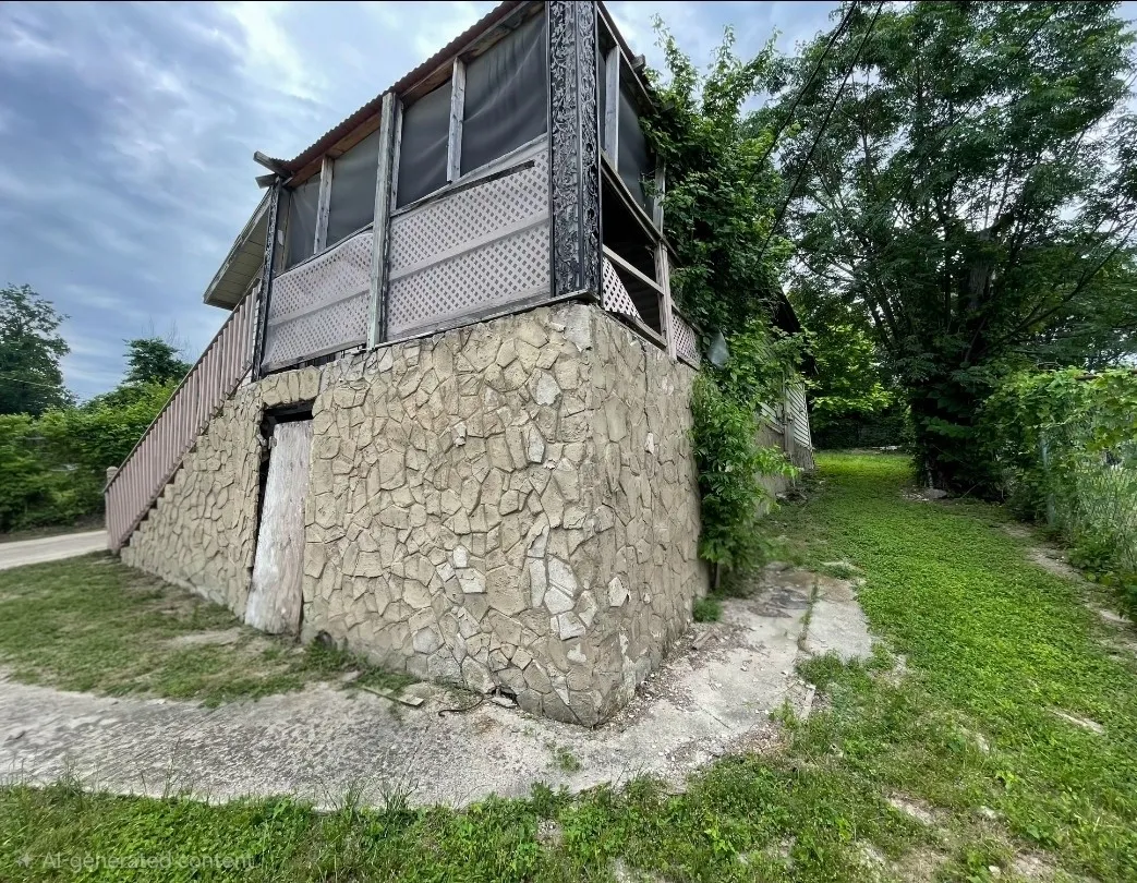 Stone-clad foundation with exterior staircase leading to an elevated screened porch