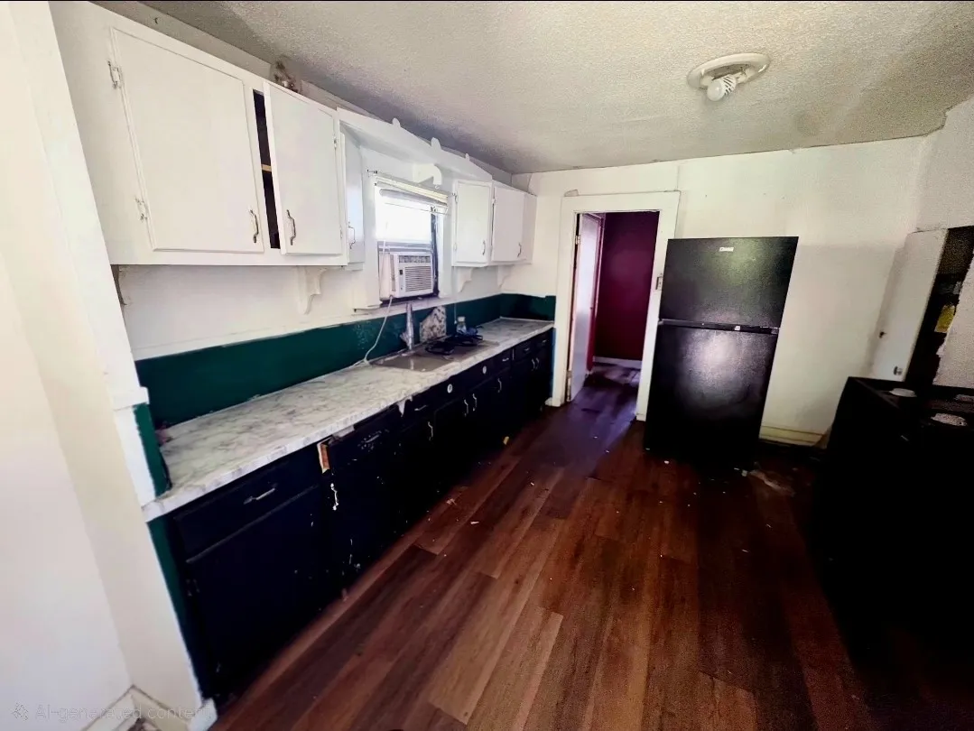 Kitchen area featuring wood-finish flooring, white upper cabinetry, a black refrigerator, and a window above the sink