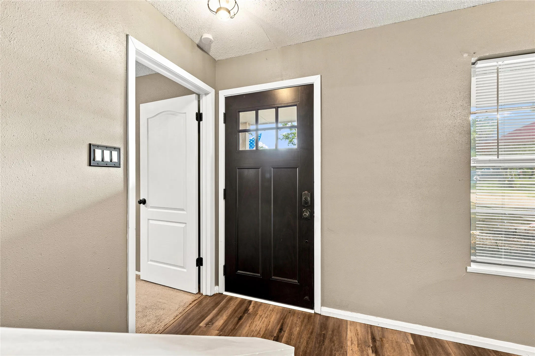 Entryway featuring wood-finish flooring, a dark-paneled door with glass inserts, and a white window with blinds