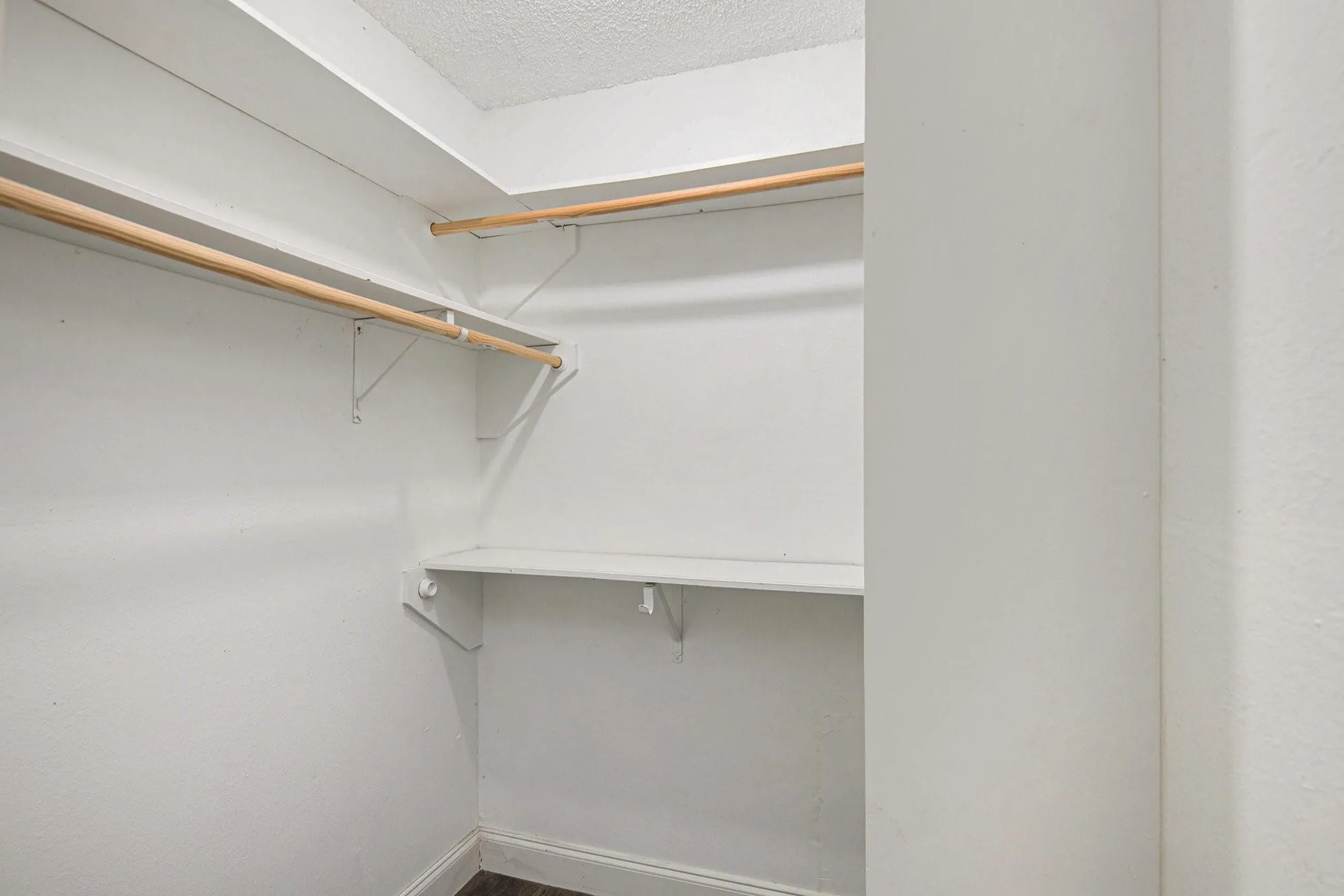 Walk-in closet featuring white walls, wood-finish flooring, and built-in shelving with hanging rods