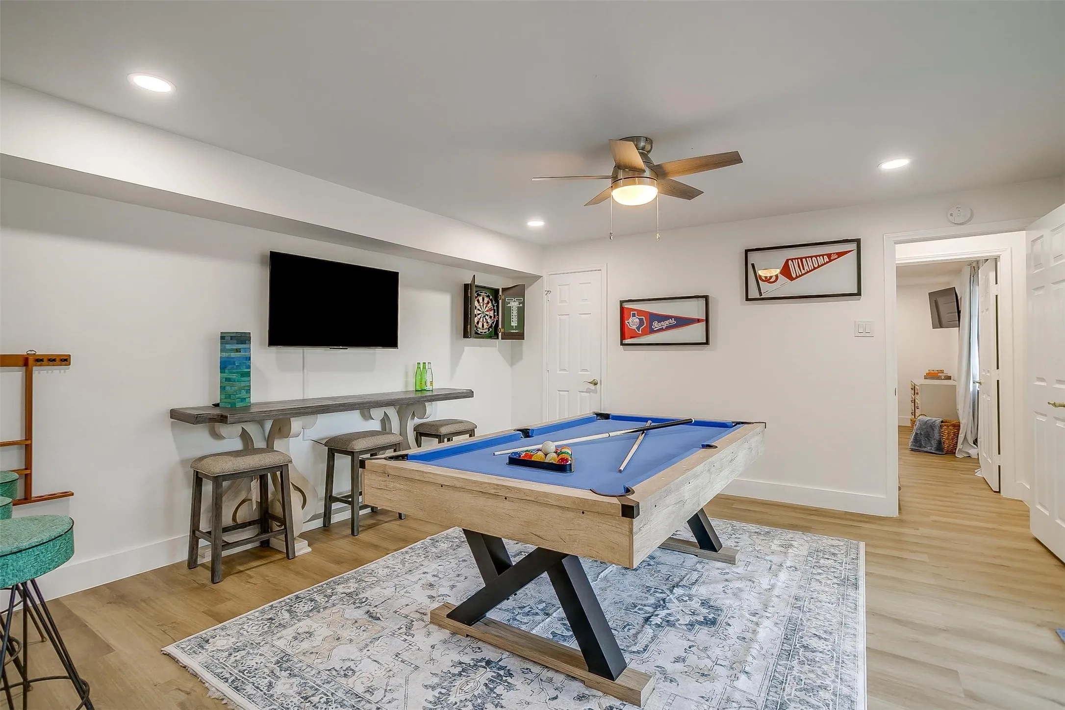 Recreational room featuring a billiards table, wood-finish flooring, recessed lighting, and a ceiling fan