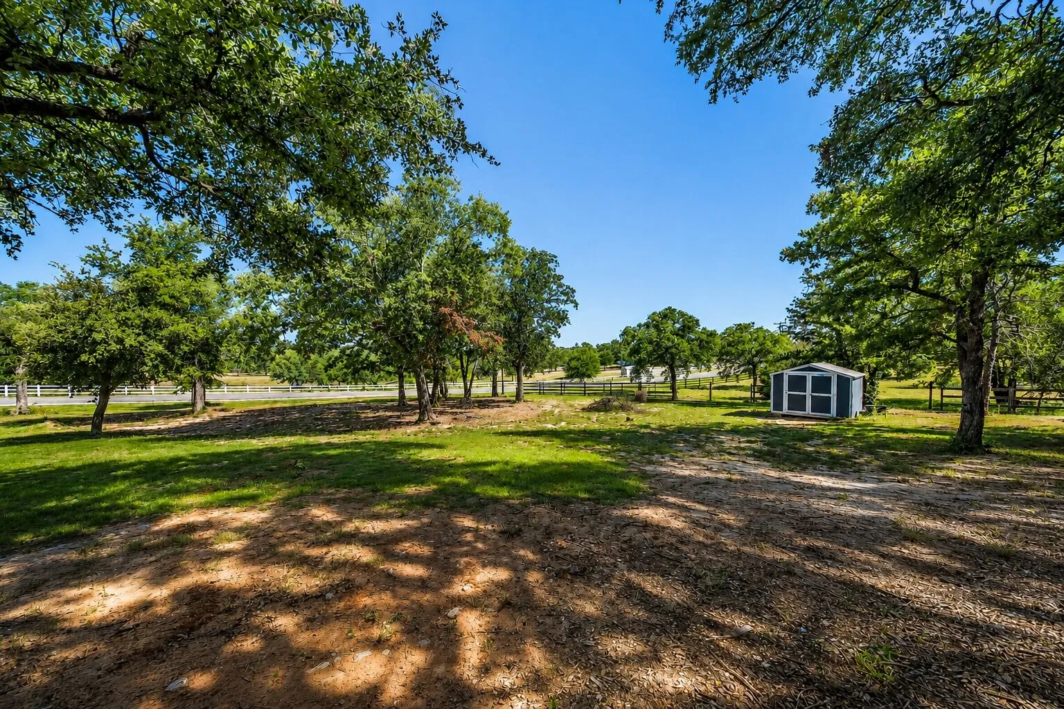 Expansive outdoor space featuring a detached storage shed with a white trim, mature deciduous trees, and a grassy lawn