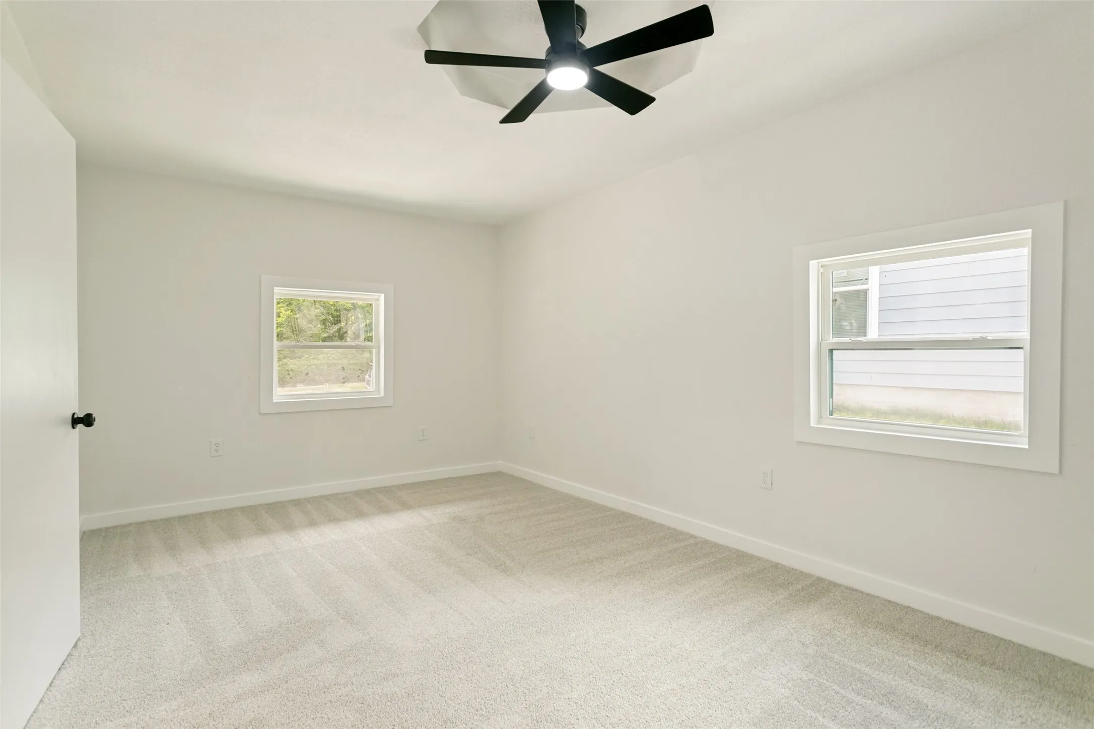 Neutral-toned room featuring a black ceiling fan, light gray carpet, and two double-hung windows