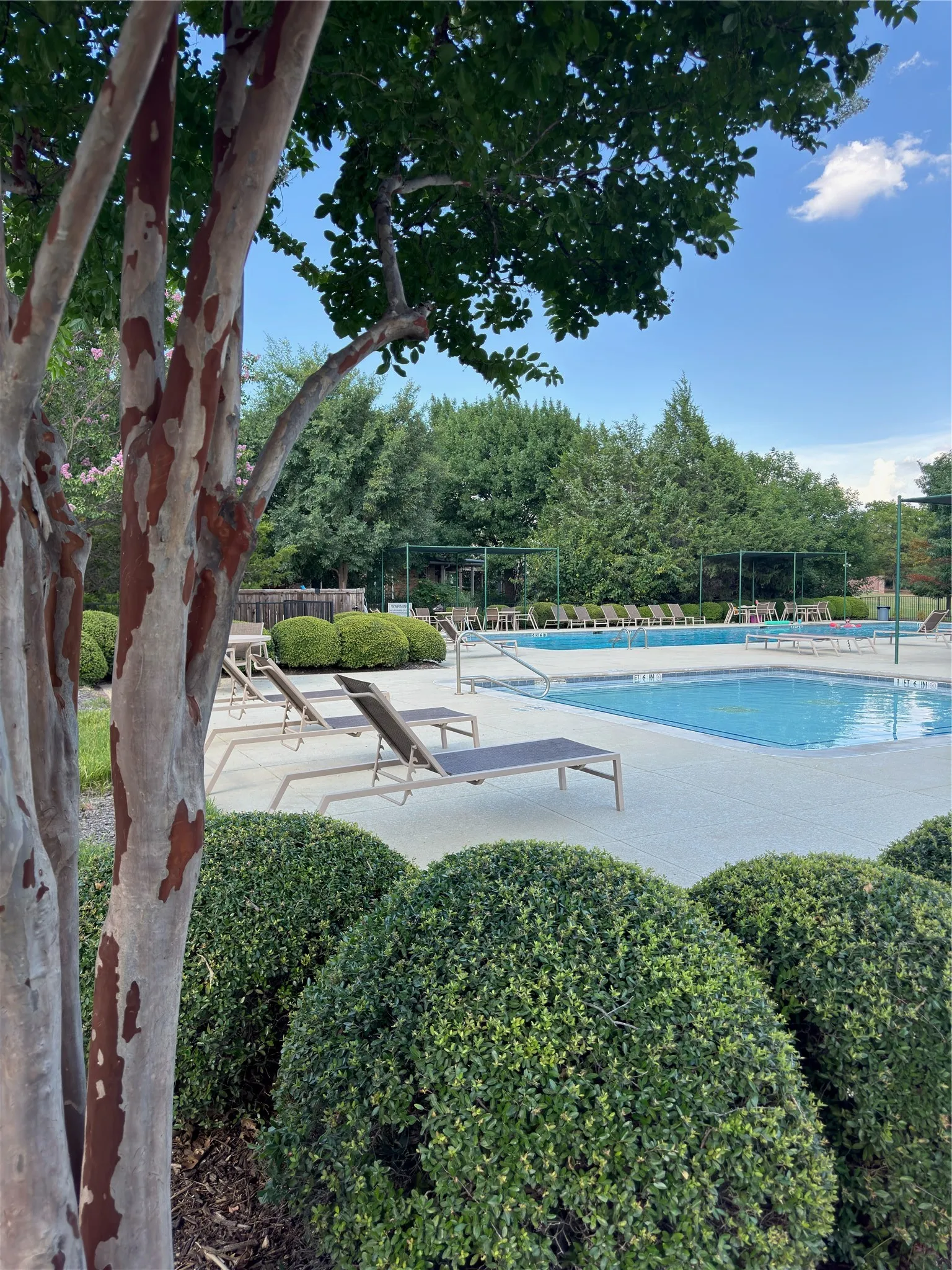 Outdoor swimming pool with integrated tanning ledge, surrounded by a paved deck and multiple lounge chairs