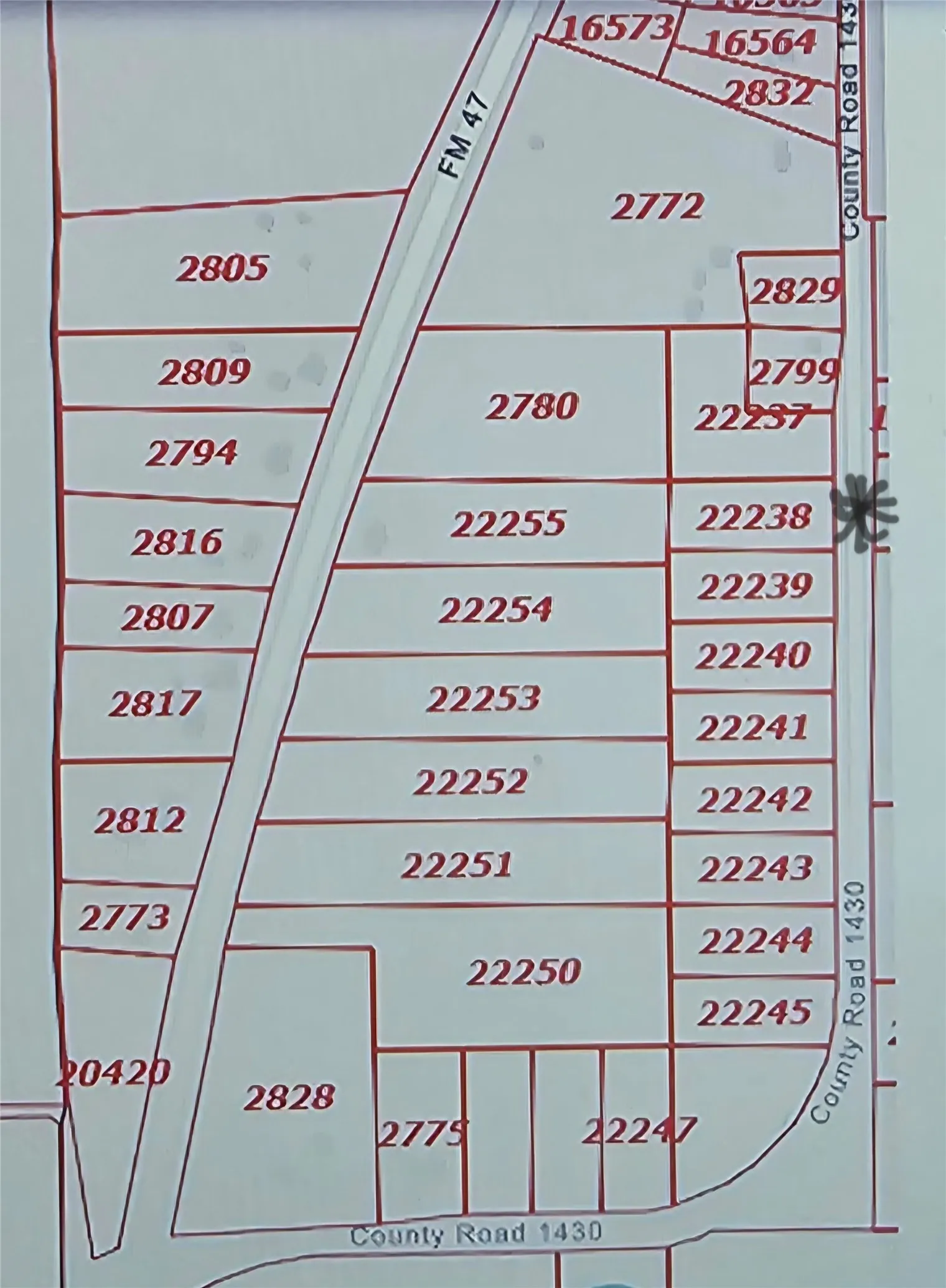 Plat Map. Illustrating property divisions and identifying roads