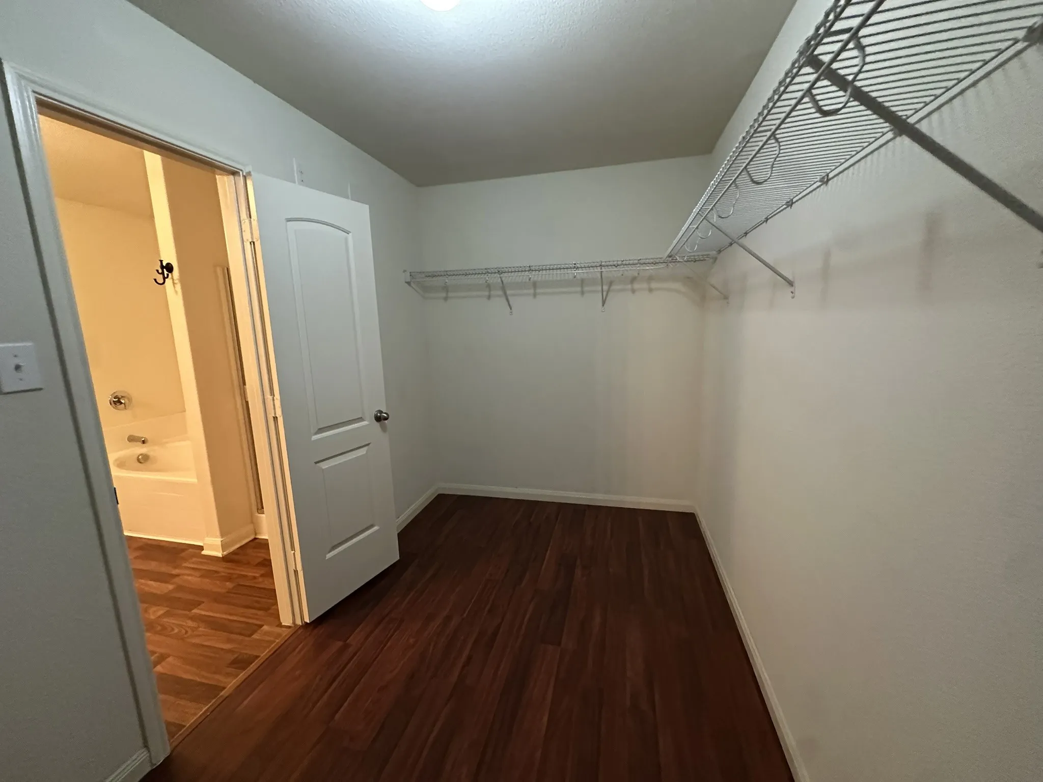 Spacious closet featuring wood-finish flooring, white walls, and wire shelving