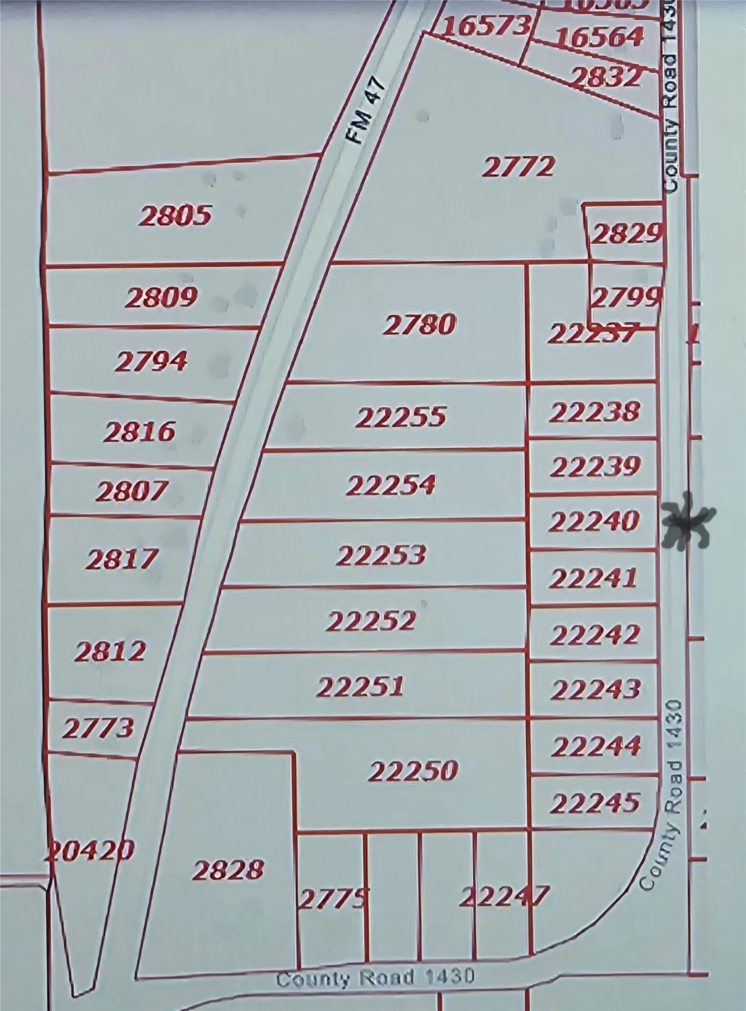 Plat Map. Illustrating the division of the property into individual parcels with identifying numbers
