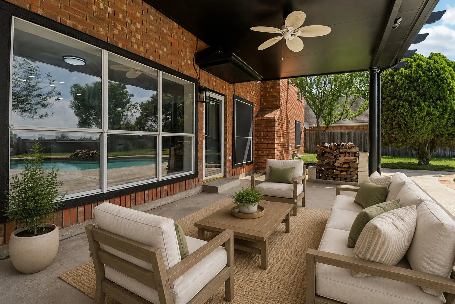 Covered patio overlooking the backyard and sparkling pool.