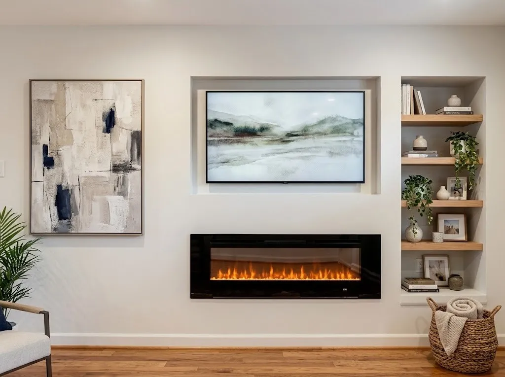 Living room wall featuring an electric fireplace, complemented by wood-finish flooring. Room has been staged virtually and shelving are also virtually added as there are no shelves currently.