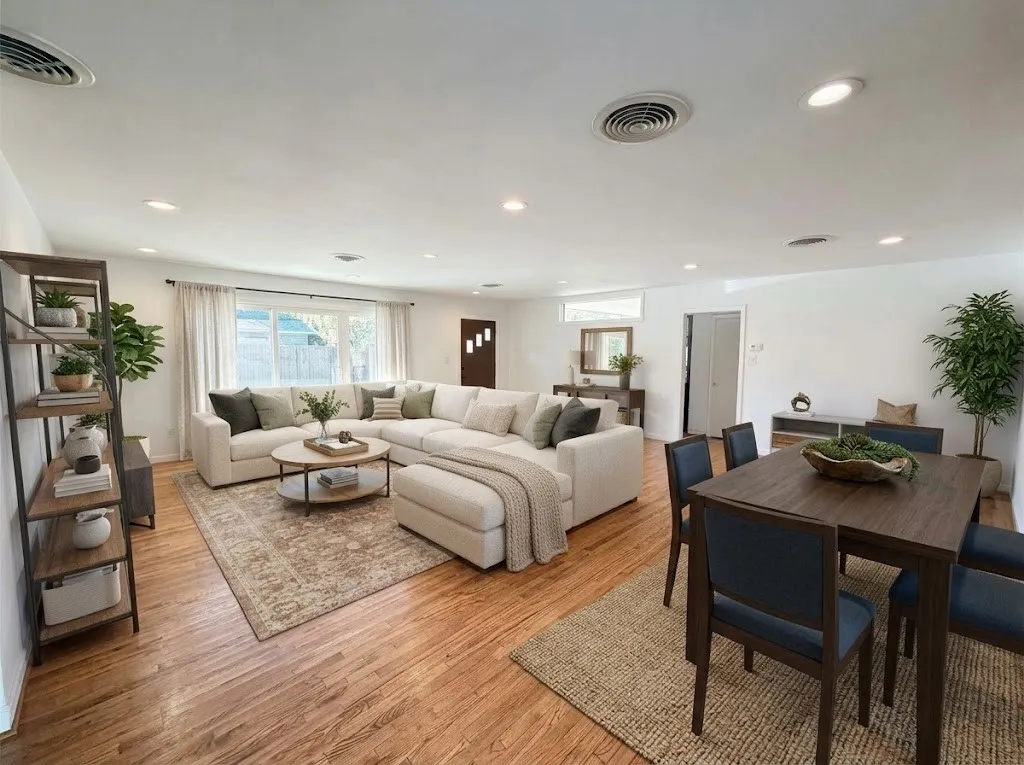 Open-concept living space featuring wood-finish flooring, recessed lighting; dining room open to kitchen and living room. Rooms are virtually staged.