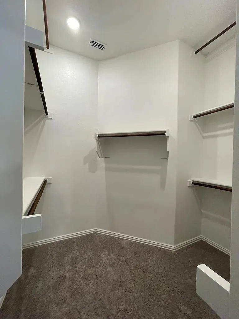 Spacious walk-in closet featuring plush carpet flooring, white walls, built-in shelving, and hanging rods