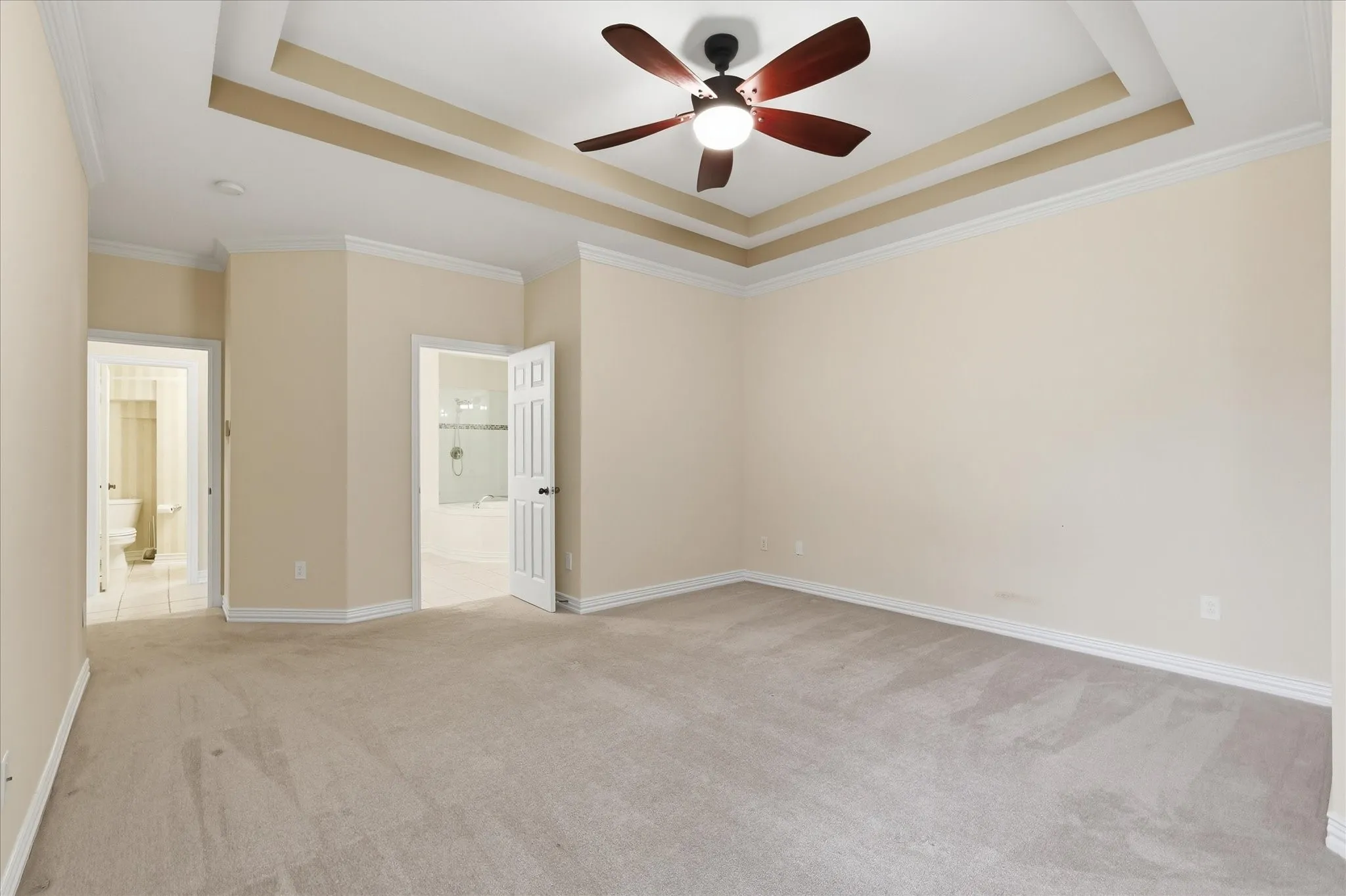 Master Bedroom featuring neutral-toned walls, Tray ceiling, light grey carpeting, and a ceiling fan with integrated lighting.