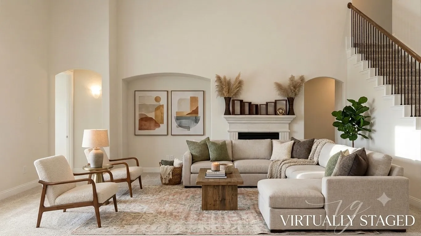 Two-story ceiling height in a living space featuring a fireplace with a mantel, arched wall openings, a staircase with dark iron balusters and wood handrail, and light-colored wall finishes
