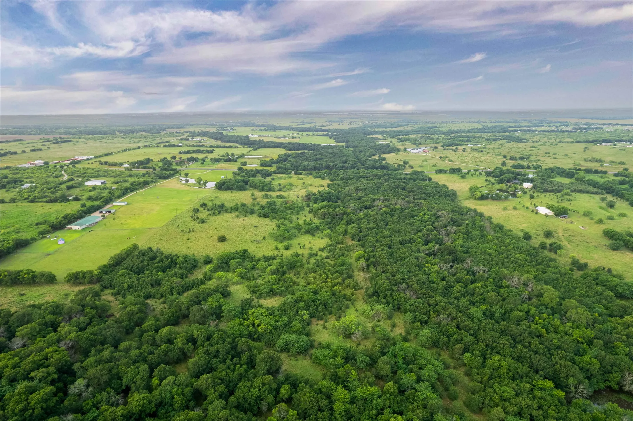 Expansive land featuring a dense tree line, open green fields, and distant agricultural structures