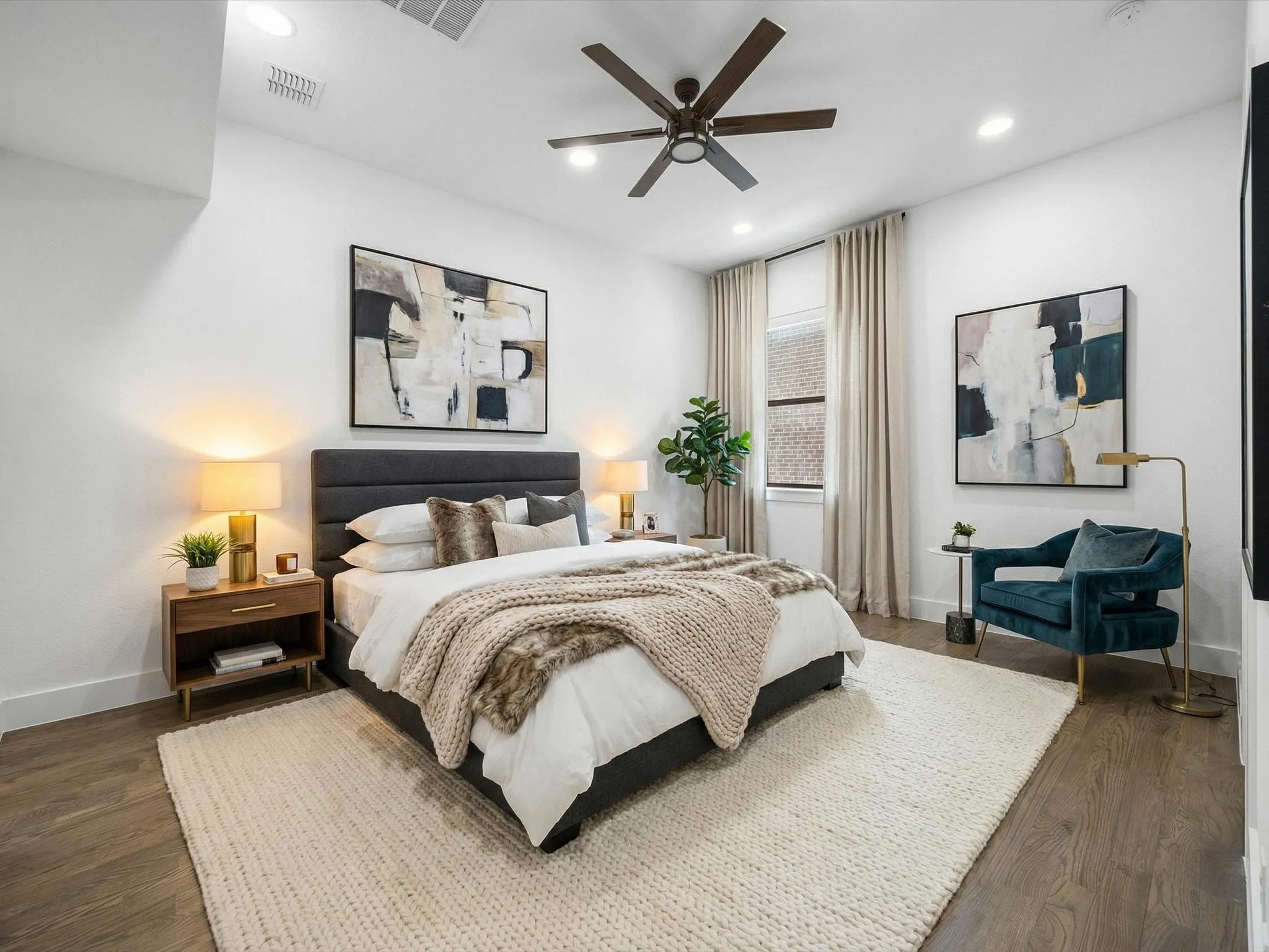 Bedroom featuring a ceiling fan, recessed lighting, and dark wood finished floors