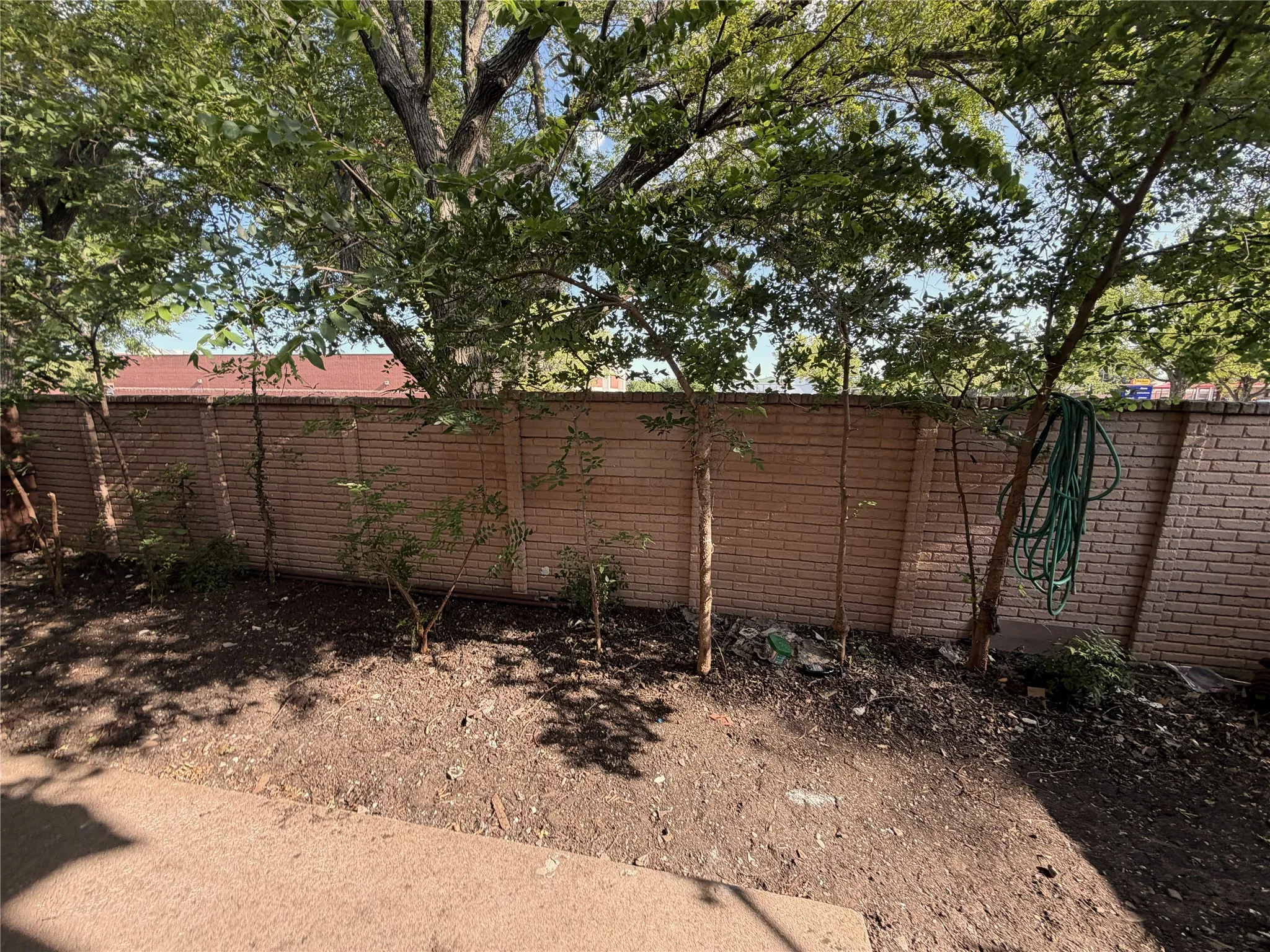 Privacy brick wall bordering a landscaped area with mature trees and ground cover