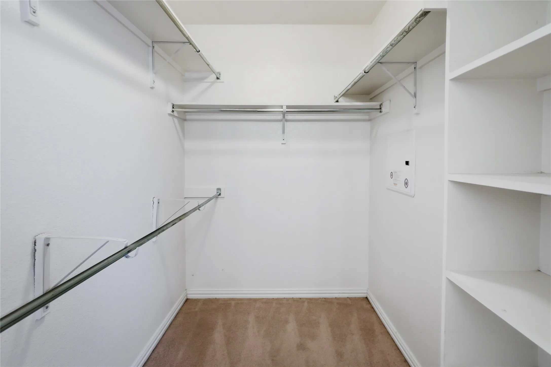 Walk-in closet featuring white painted walls, tan carpet flooring, built-in shelving, and multiple clothing rods