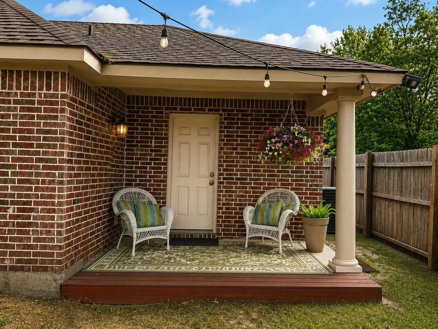 Expansive backyard featuring a lush lawn, established trees, and a privacy fence