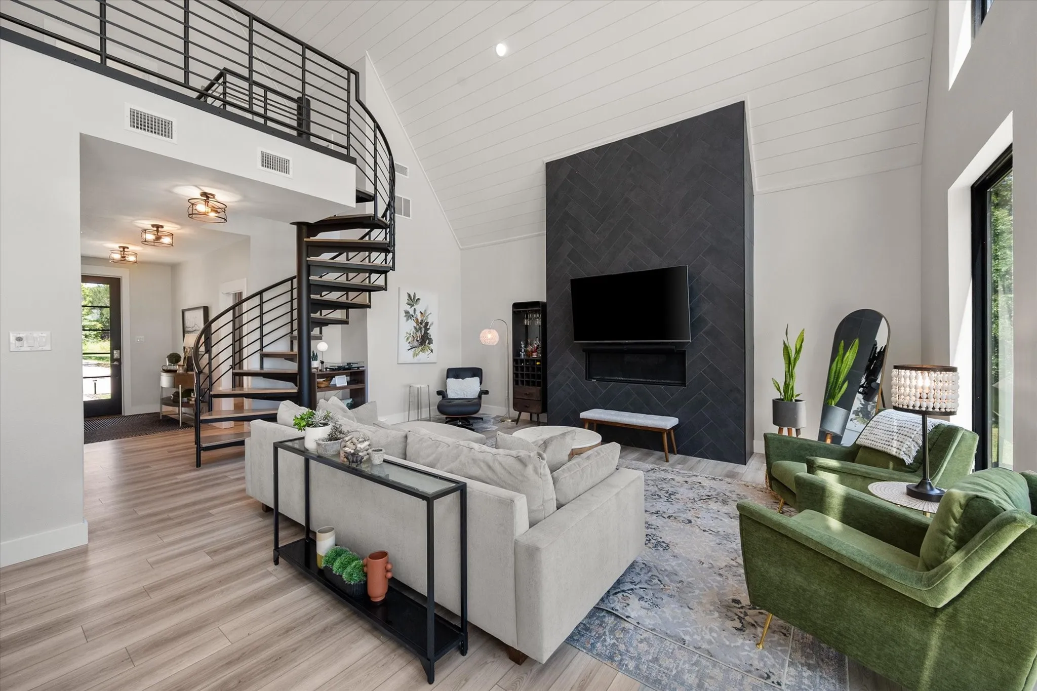 Modern gas fireplace creates a cozy focal point for gathering after a day on the lake.