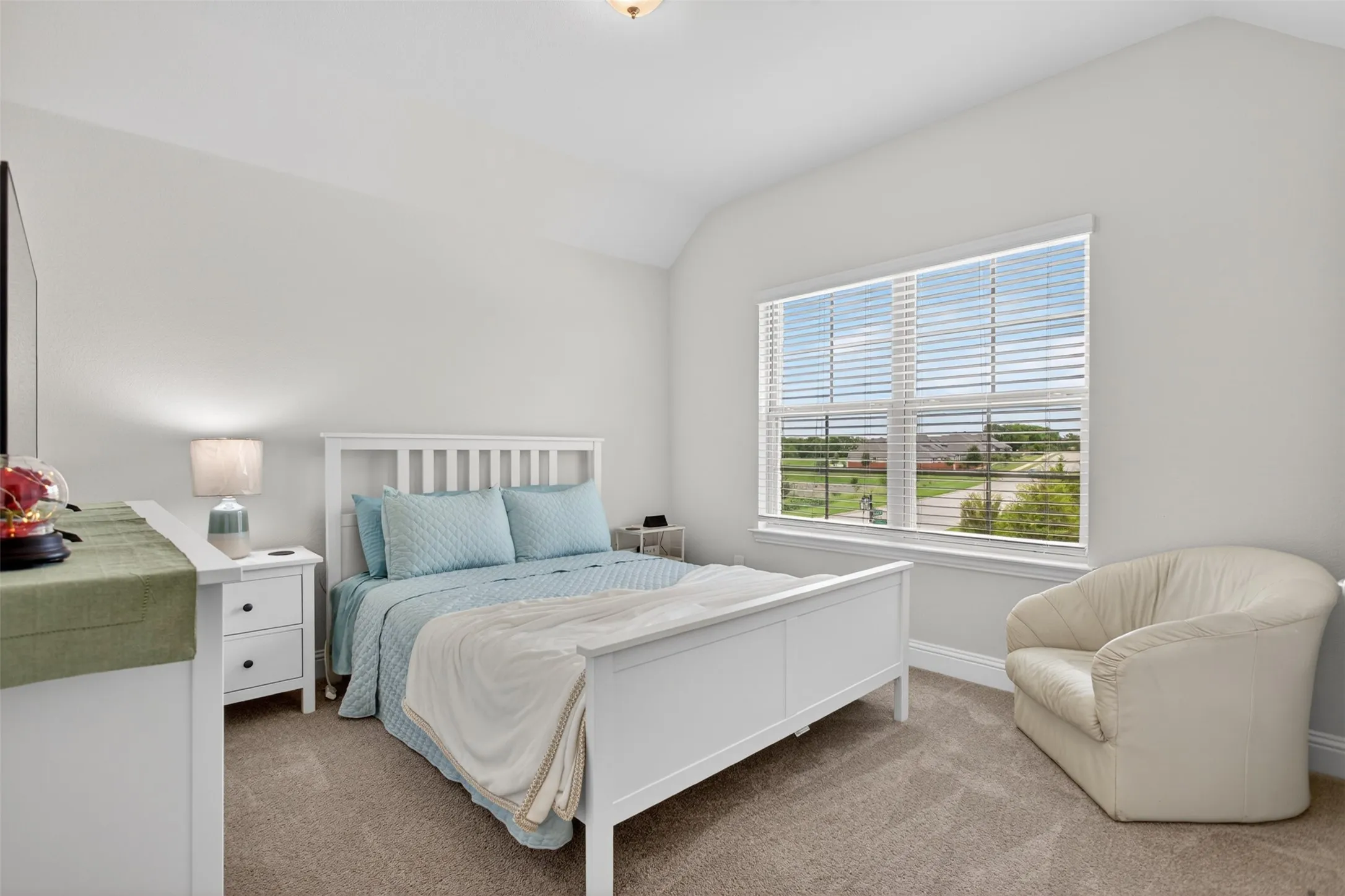 Carpeted bedroom featuring a large window with horizontal blinds, white painted walls, and a built-in ceiling light fixture