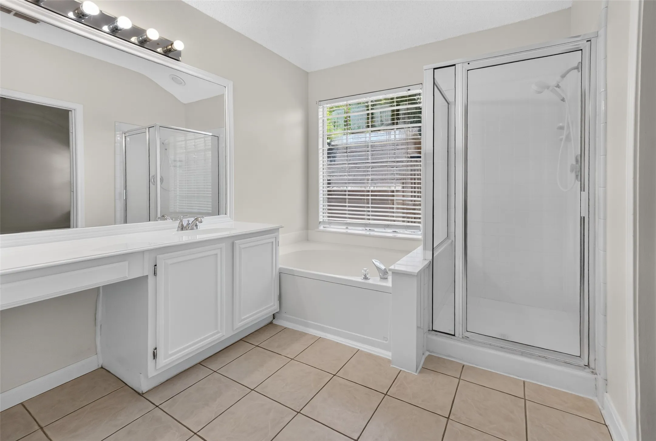 Bathroom featuring a built-in soaking tub, a stand-alone shower with a glass enclosure, a single vanity with storage cabinetry, a large wall-mounted mirror, and tile flooring