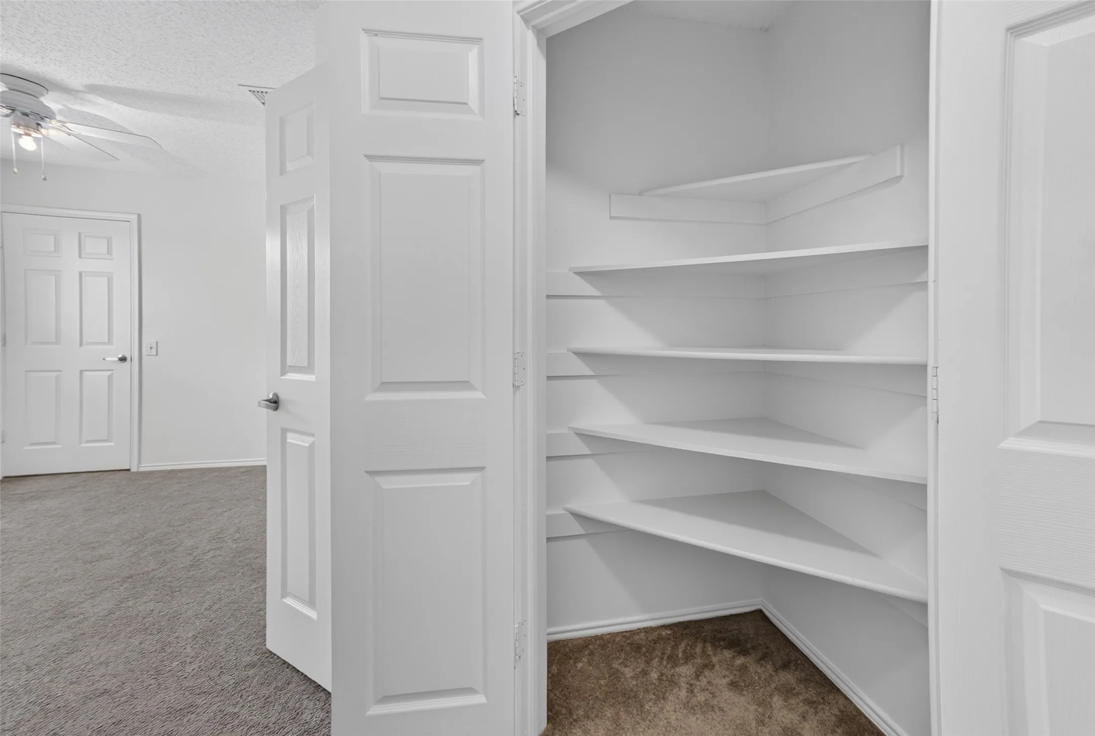 Interior corner closet featuring multiple white shelving units and a paneled door