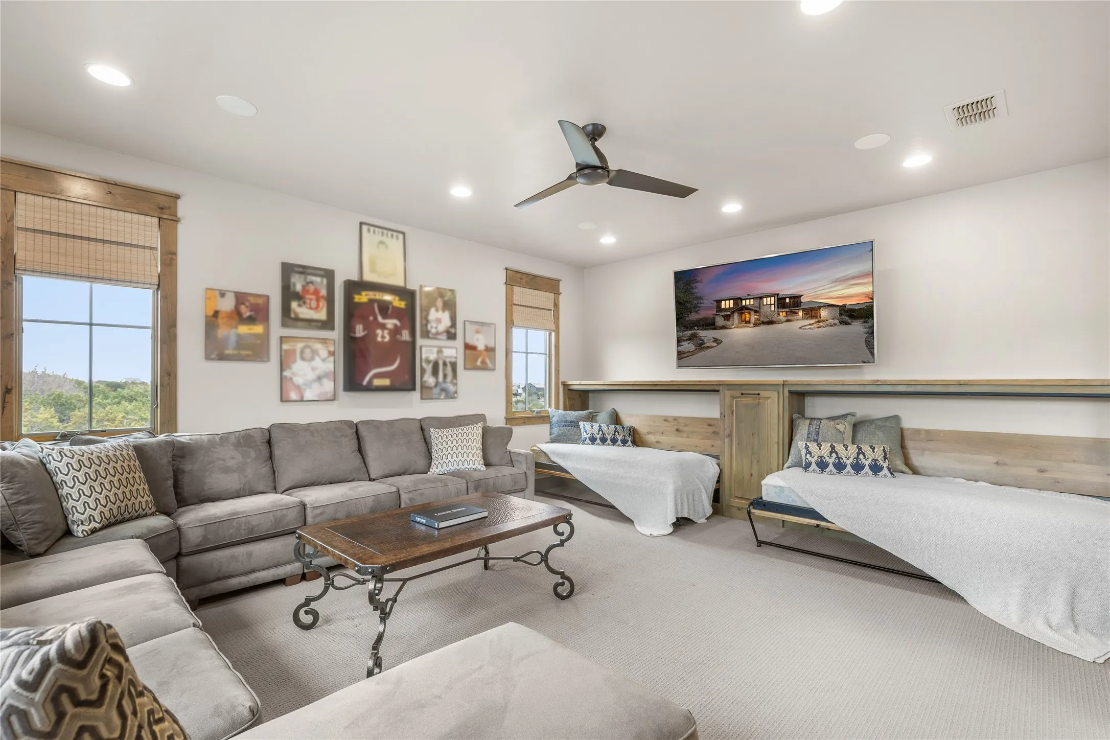 3rd floor game room with bunks, bar and pool table
