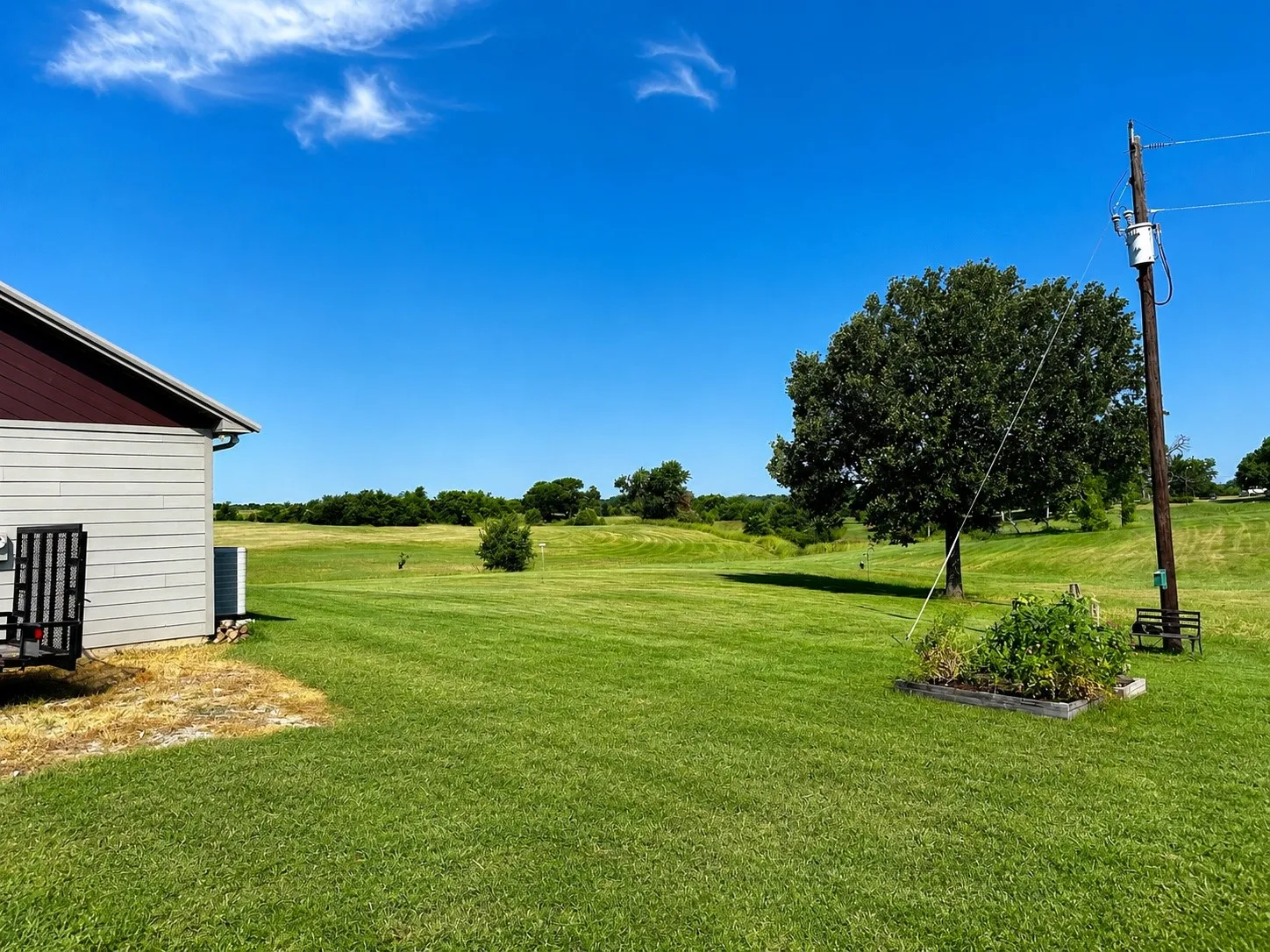 Expansive green lawn with distant trees