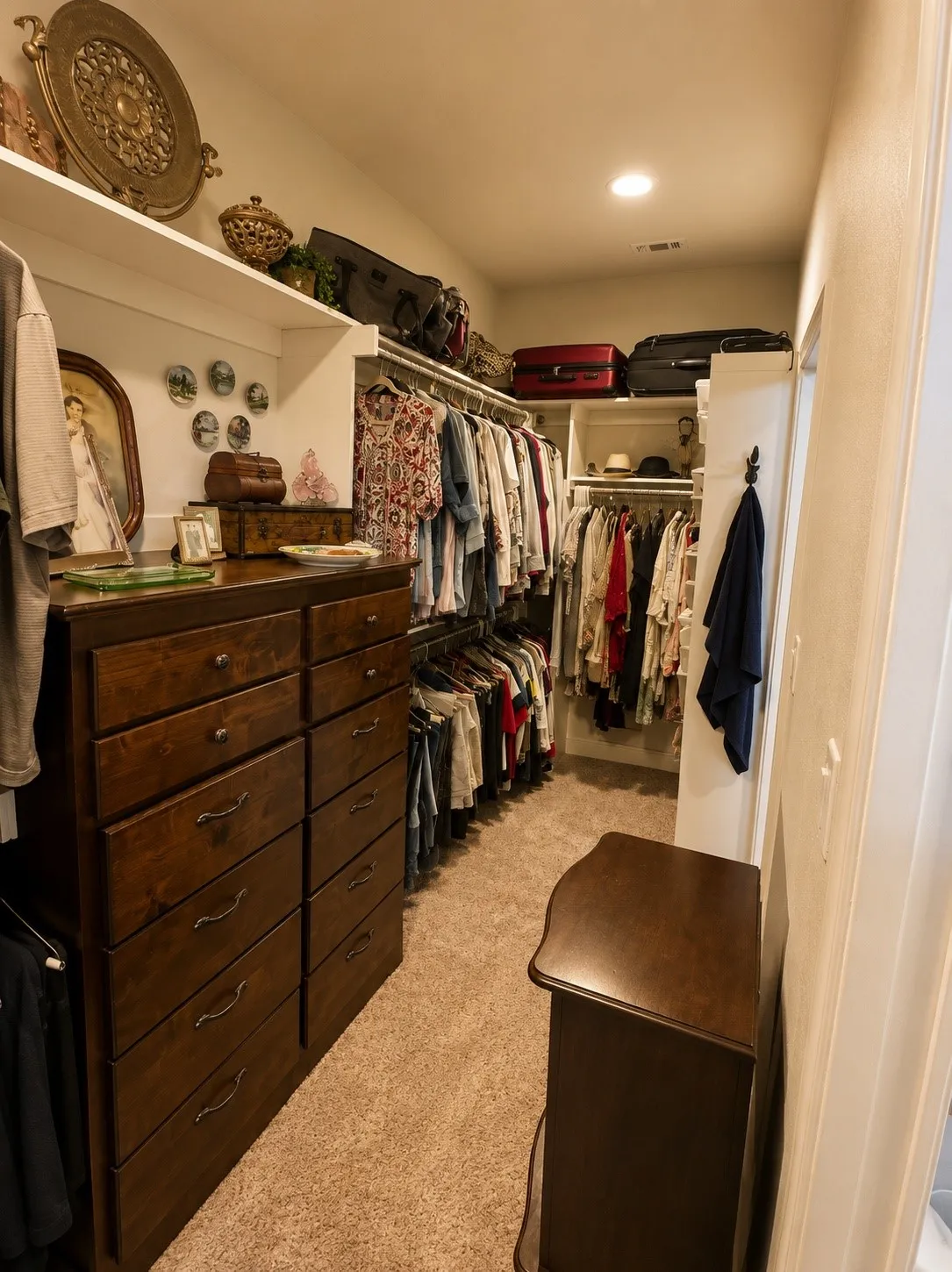 Walk-in closet featuring extensive built-in shelving, multiple hanging rods, recessed lighting, and soft carpet flooring