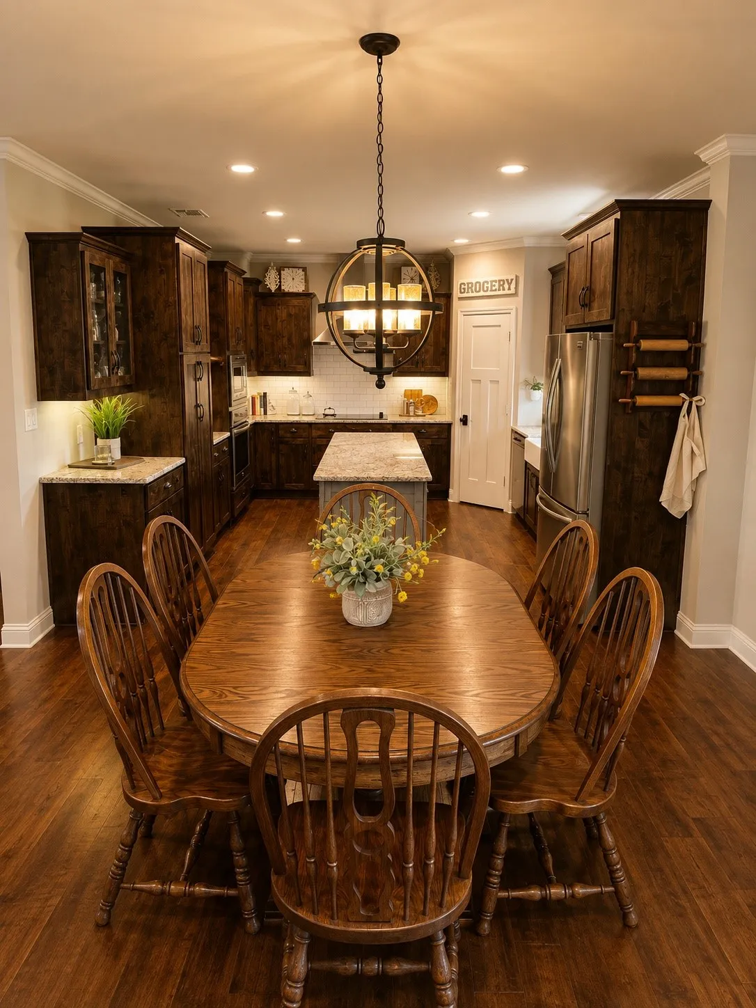 Open-concept kitchen with wood-finish flooring featuring dark wood cabinetry, a central island with a light-colored countertop, and a spherical chandelier