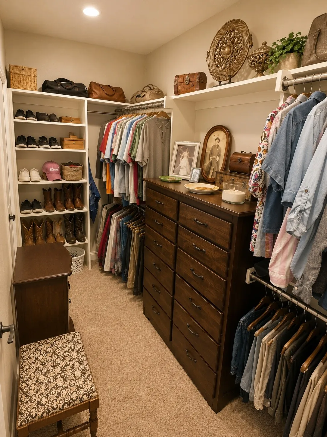 Custom closet system featuring built-in shelving, multiple hanging rods, and a central dresser unit with ample drawer storage