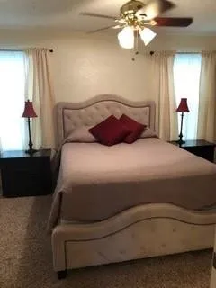 Carpeted room featuring a ceiling fan with integrated lighting, two windows with drapes, and a tufted headboard