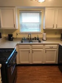 Kitchen featuring white cabinetry, light-toned countertops, a stainless steel double basin sink with a gooseneck faucet, a window with blinds, and wood-finish flooring