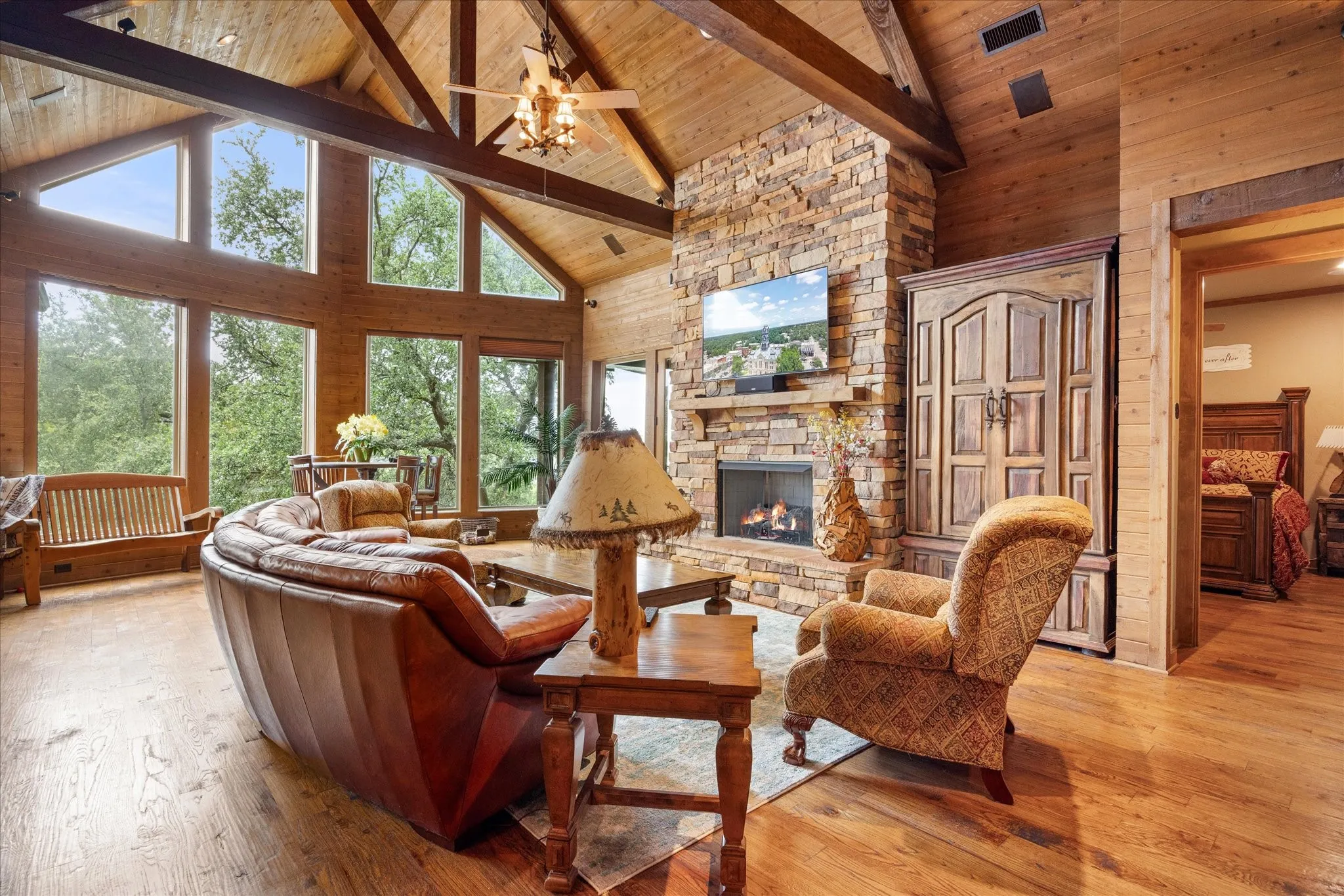 Vaulted wood-paneled ceiling with exposed beams