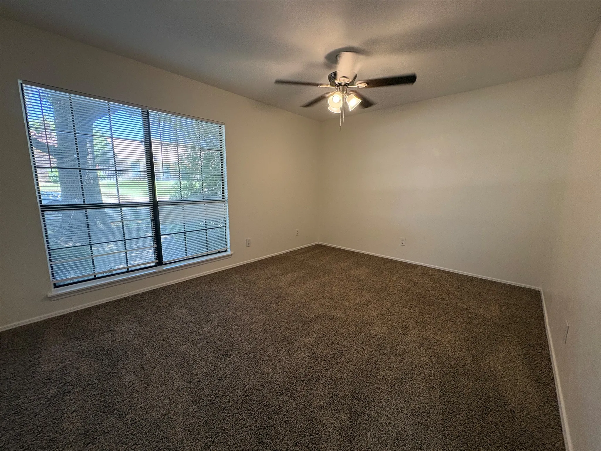 Spacious room featuring broad windows with blinds, a ceiling fan with integrated lighting, neutral wall tones, and brown carpeting