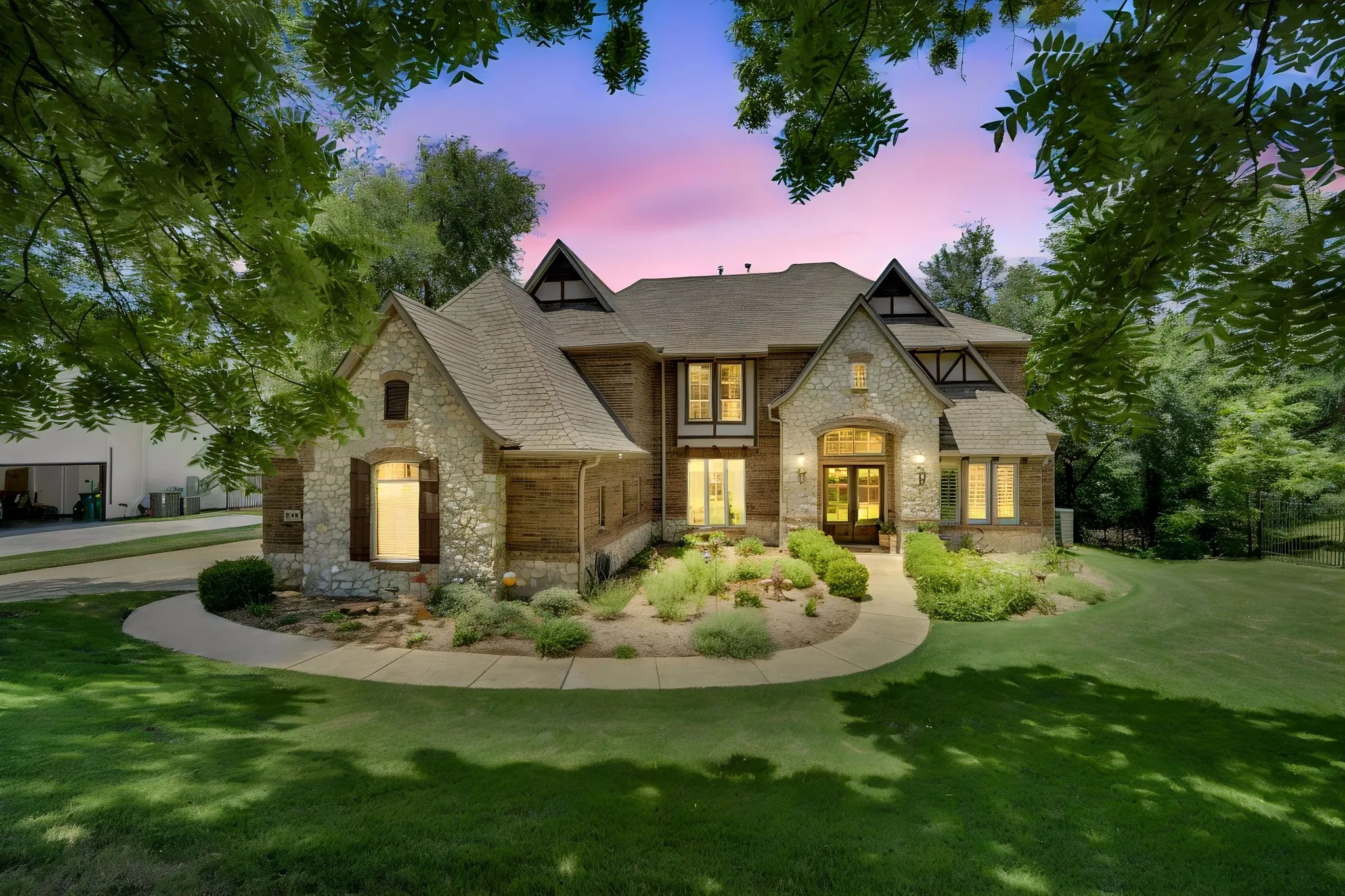 Stone and brick exterior with a prominent gabled roofline