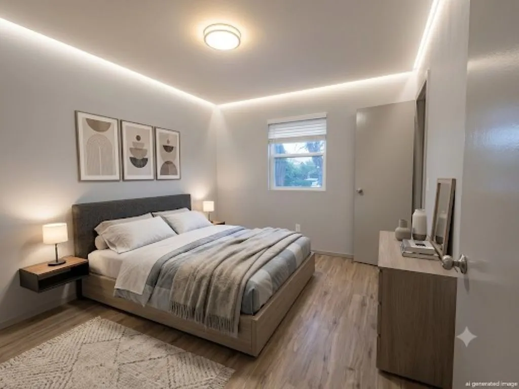 Bedroom 2 upstairs with ai generated furniture to show the size of the room and the luxury vinyl plank flooring