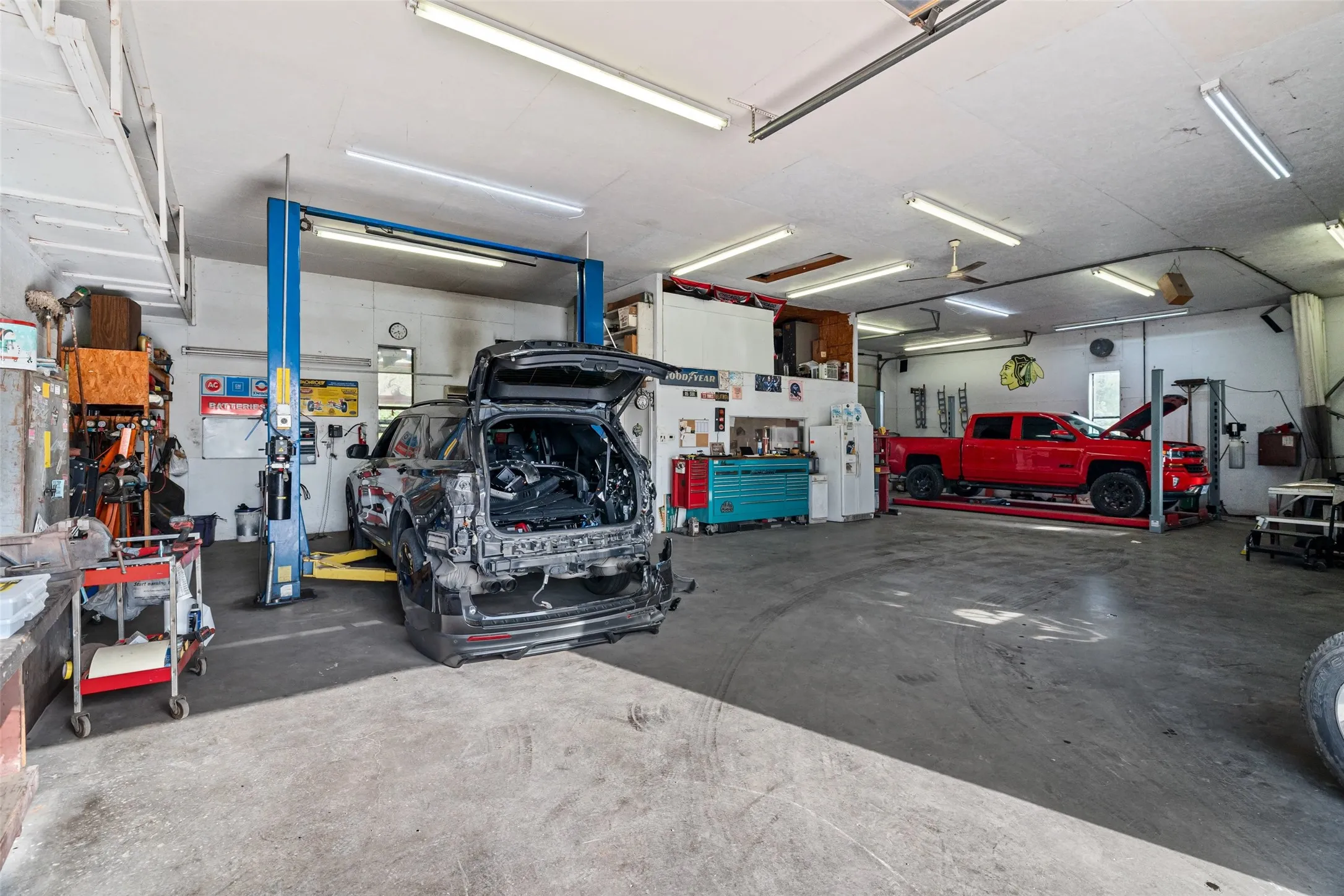 Garage featuring a workshop area