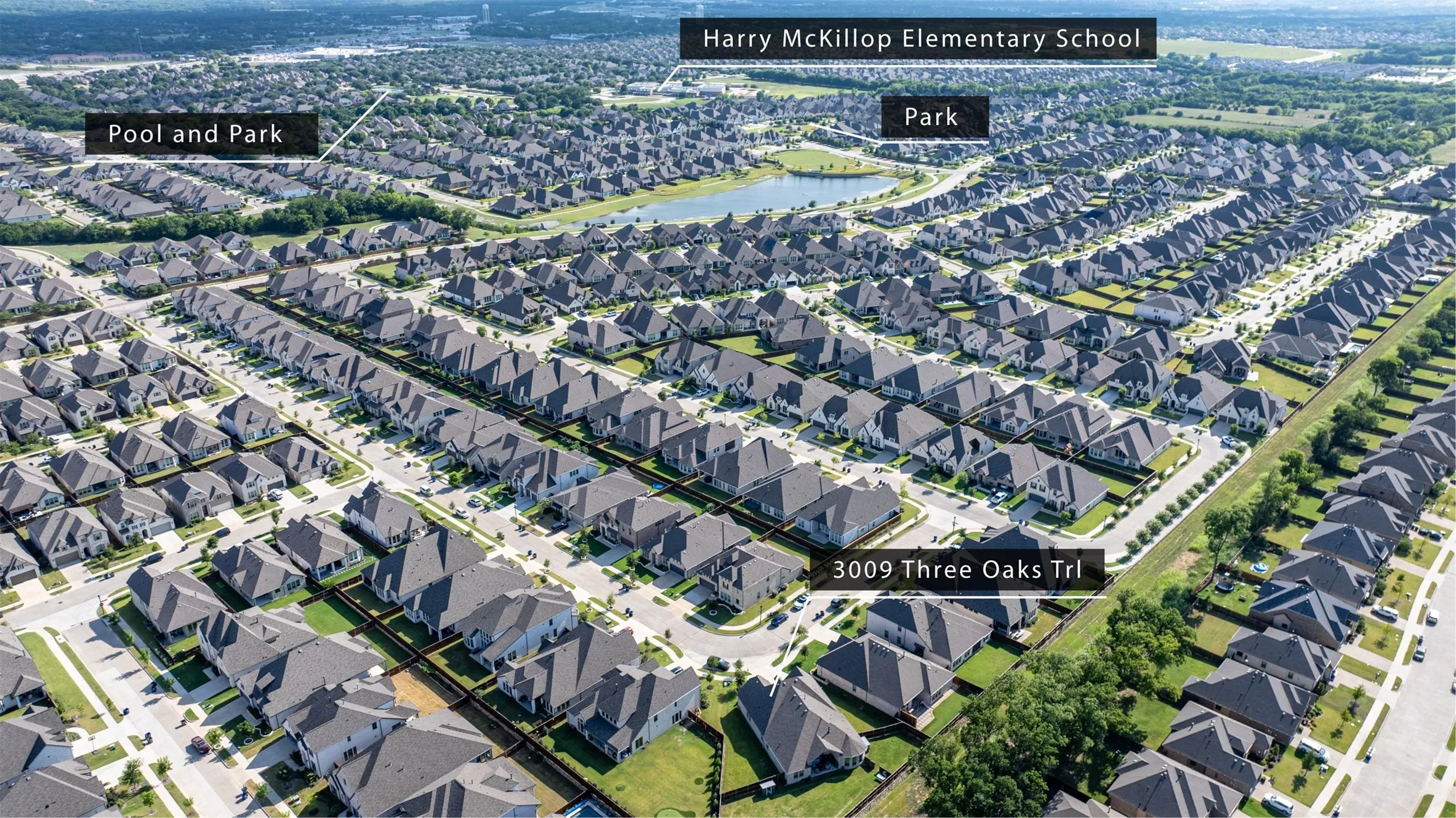 Aerial view of community showcasing pool, park, and schools.
