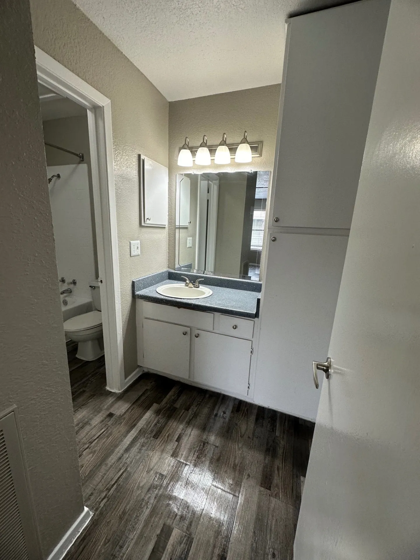 Bathroom featuring wood-finish flooring, a vanity with a built-in sink and white cabinetry, a large wall mirror, and a four-light vanity fixture